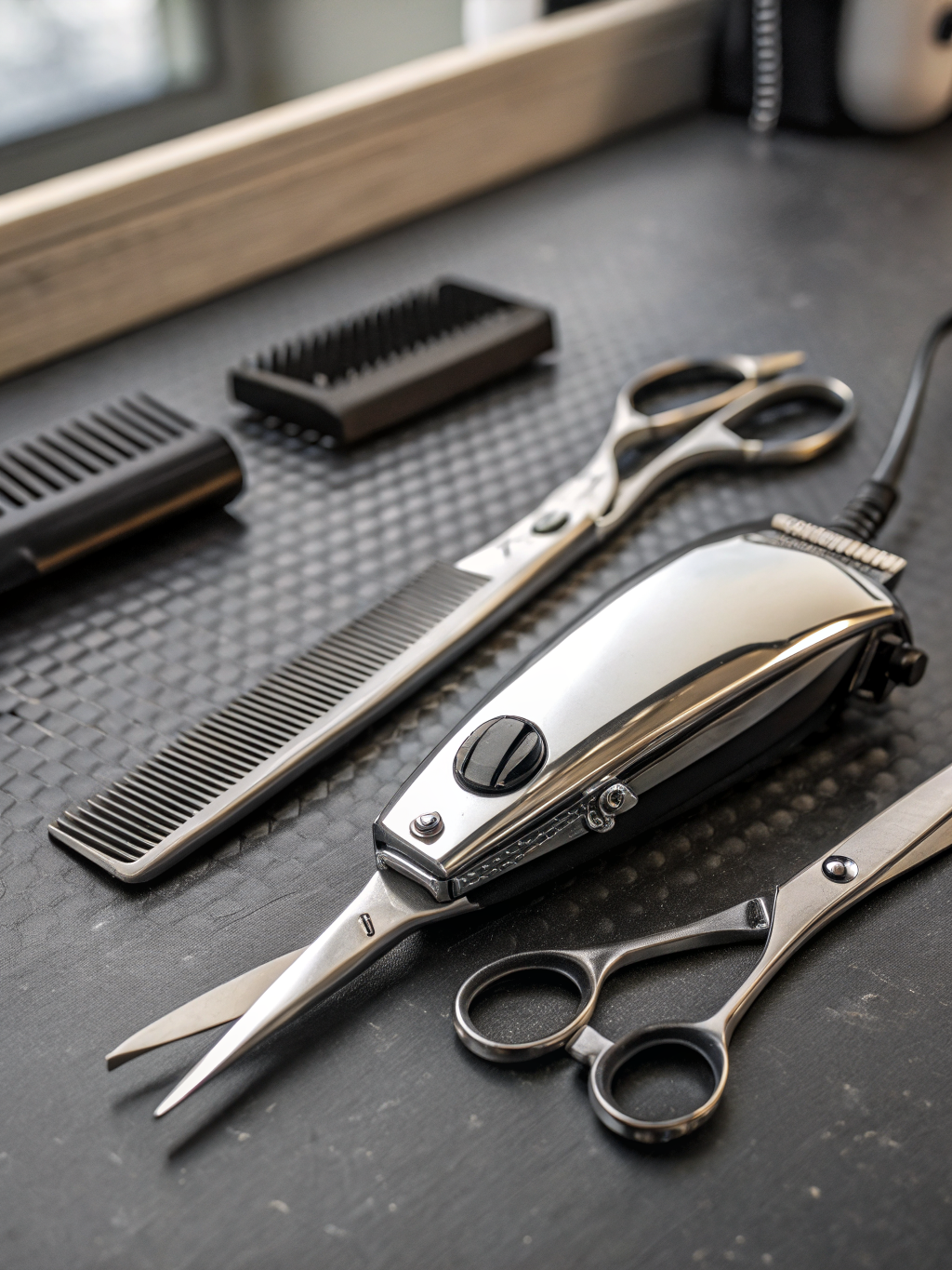 Desaturated barber shears with a subtle crimson red glow on the blade